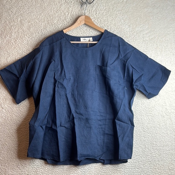 NWT Holiday Womens Navy Blue Short Sleeve Oversized Linen Gordo Top Size Medium - Picture 1 of 8